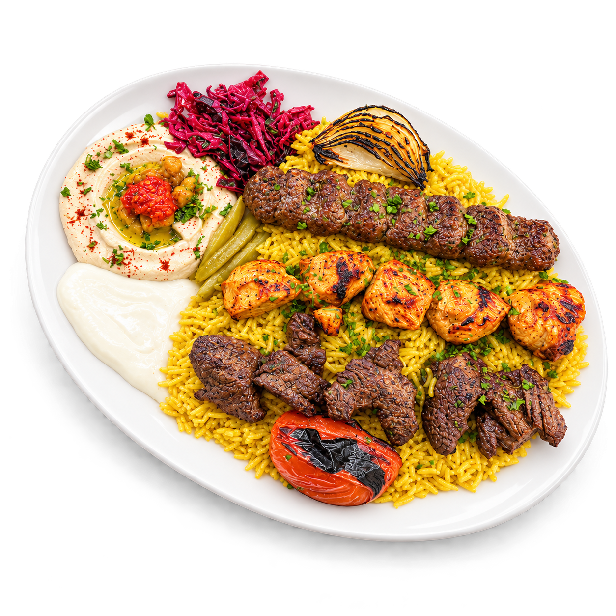 Mixed grilled kebab platter with kuftah, chicken and beef over yellow rice with hummus