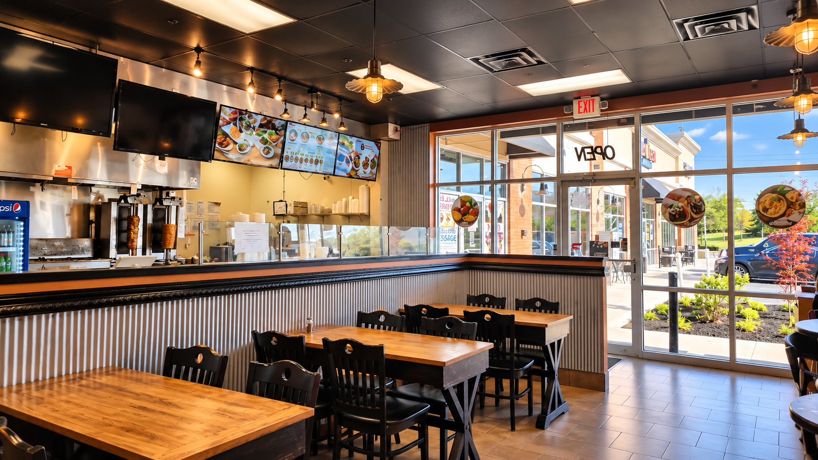 Inside Taste of Jerusalem: warm wooden tables, the shawarma grill and sunny front windows